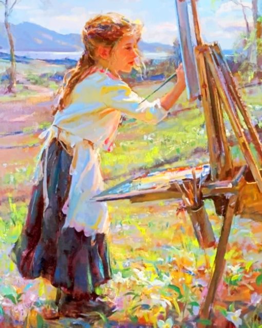 Little Girl painting paint by numbers