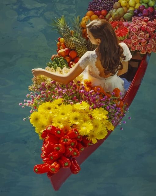 Woman On A Boat Full Of Flowers Paint by numbers