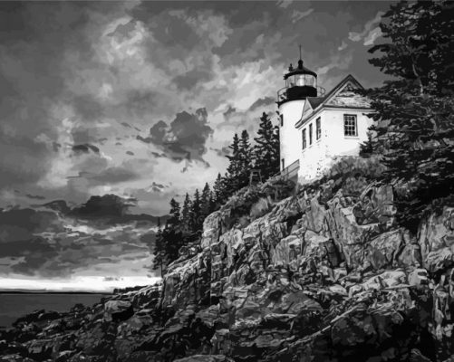 Black And White Bass Harbor Lighthouse Paint By Numbers