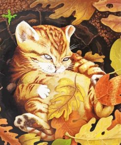 Fat Cat With Autumn Leaves Paint By Numbers