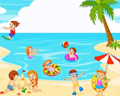 Cartoon Happy Kids Playing At Beach Paint By Numbers