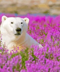 White Polar Bear In Flowers Field Paint By Numbers