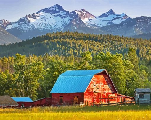 Aesthetic Montana Mountain With Barn Paint By Numbers