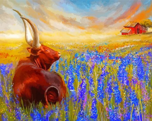 Longhorn In Texas Bluebonnets Field Paint By Numbers