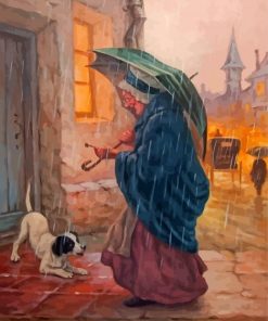 Old Woman And Dog Under Rain Paint By Numbers