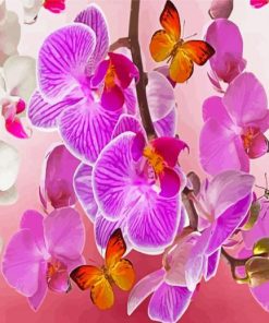 White Pink Orchid And Butterflies Paint By Numbers