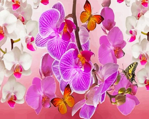 White Pink Orchid And Butterflies Paint By Numbers