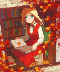 Cartoon Autumn Girl Reading Book Paint By Numbers