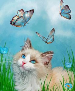 Cat With Blue Butterflies Paint By Numbers