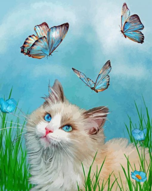 Cat With Blue Butterflies Paint By Numbers