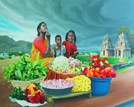 Indian Family Flower Seller Paint By Numbers