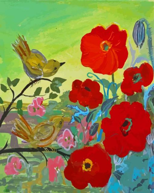 Red Poppies With Robin Paint By Numbers