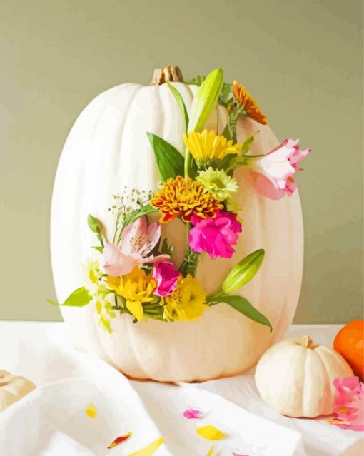 White Pumpkin And Flowers Paint By Numbers