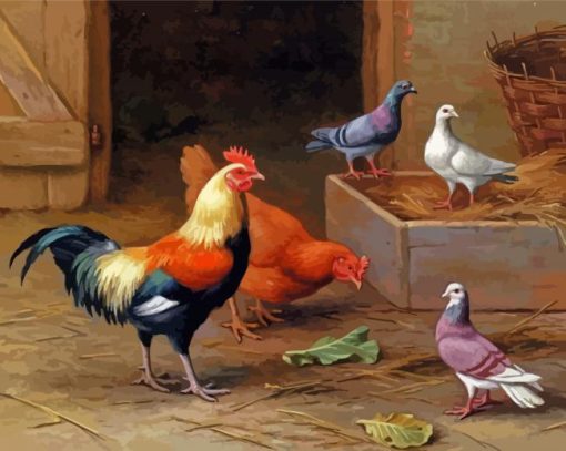 Chickens And Pigeons In Farm Paint By Numbers