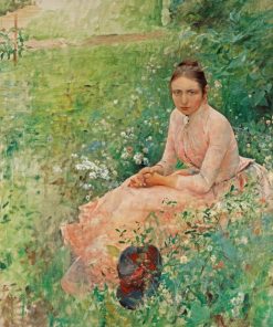 Retro Woman Sitting On Grass With Flowers Paint By Numbers