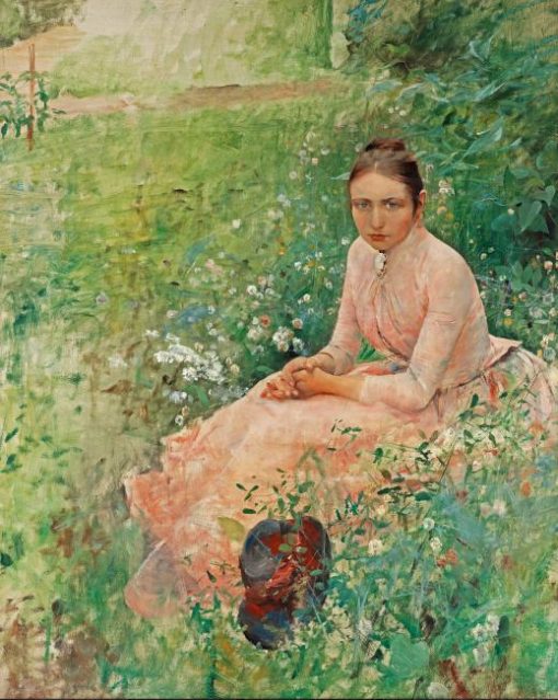 Retro Woman Sitting On Grass With Flowers Paint By Numbers