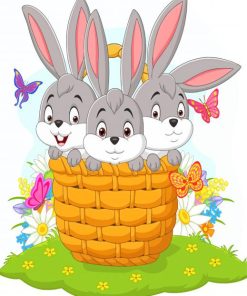 Three Bunnies Cartoon In Basket Paint By Numbers