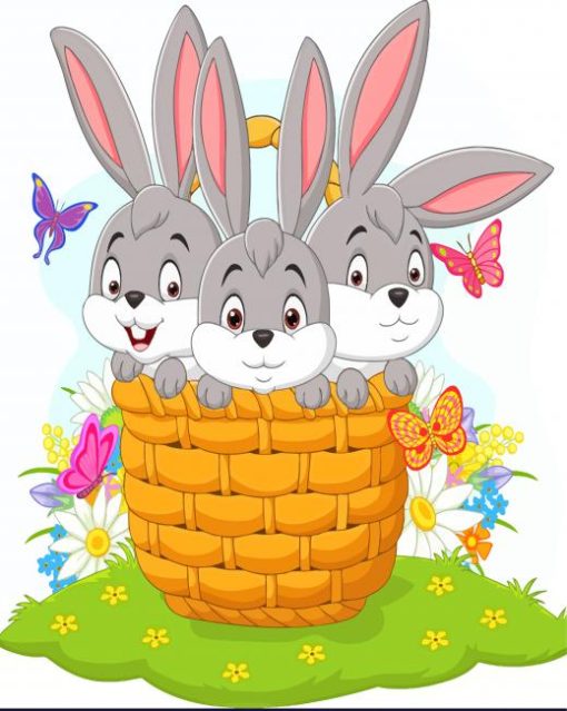 Three Bunnies Cartoon In Basket Paint By Numbers