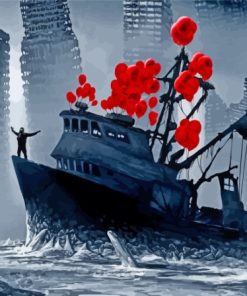 Black And White Boat With Red Balloons Paint By Numbers