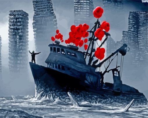 Black And White Boat With Red Balloons Paint By Numbers