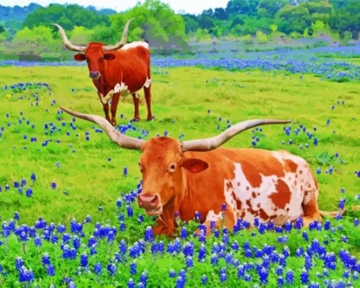 Aesthetic Longhorn And Bluebonnets Paint By Numbers