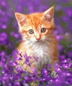 Aesthetic Kitten With Purple Flowers Paint By Numbers