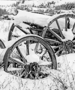 Black And White Old Wagon In The Snow Paint By Numbers