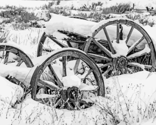 Black And White Old Wagon In The Snow Paint By Numbers