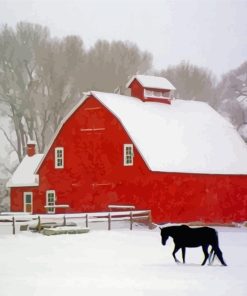 Winter Red Barn Horse Paint By Numbers