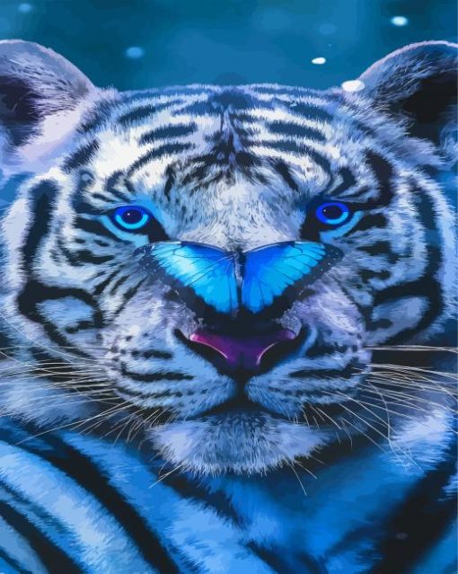 Blue Eyes Tiger With Blue Butterfly Paint By Numbers