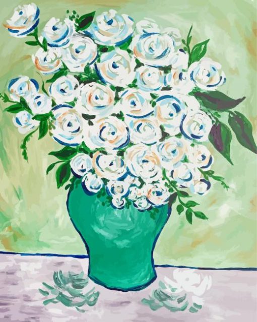 Green White Flowers Roses Bouquet Paint By Numbers