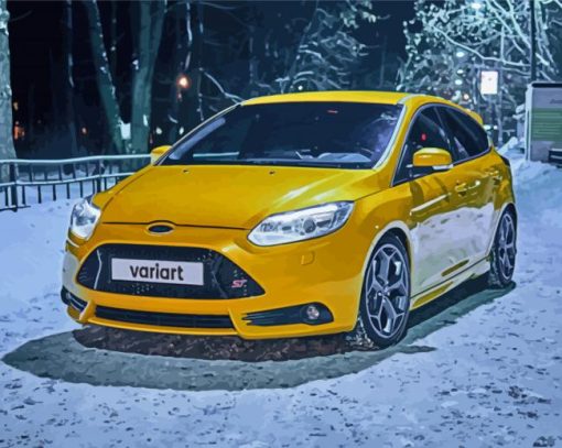 Yellow Ford Focus In The Snow Paint By Numbers