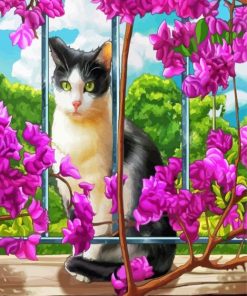 Cat And Purple Flowers Paint By Numbers