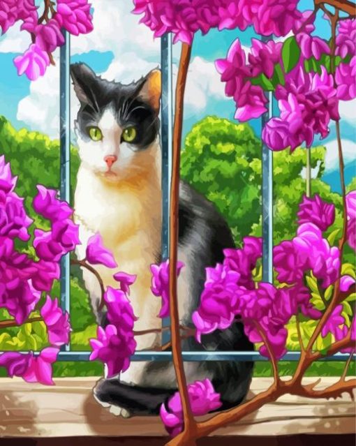 Cat And Purple Flowers Paint By Numbers