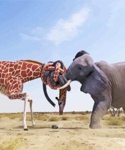 Elephant And Giraffe Fight Paint By Numbers