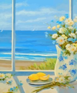 Beach Daisies Blue Vase With Lemons Paint By Numbers