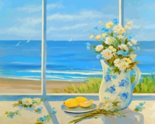 Beach Daisies Blue Vase With Lemons Paint By Numbers