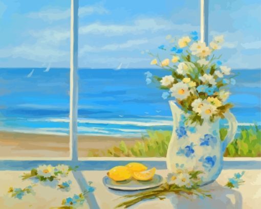 Beach Daisies Blue Vase With Lemons Paint By Numbers