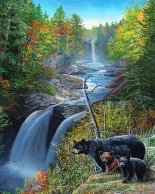 Bears In Waterfall Landscape Paint By Numbers