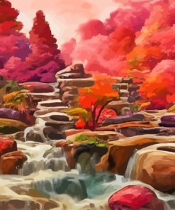 Fantasy Waterfall Japan Pink Landscape Paint By Numbers