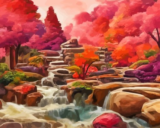 Fantasy Waterfall Japan Pink Landscape Paint By Numbers