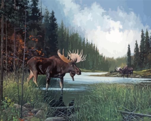 Moose In Lake Landscape Paint By Numbers