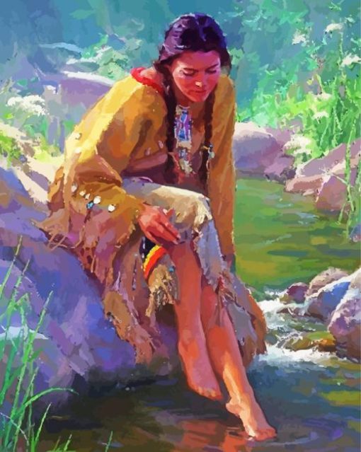 Native Woman By River Paint By Numbers