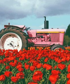 Pink Tractor In Tulips Field Paint By Numbers