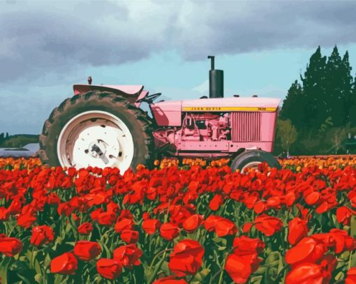 Pink Tractor In Tulips Field Paint By Numbers