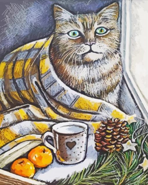 Winter Cat With Coffee Paint By Numbers