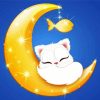 Cartoon White Cat On Moon Painting By Numbers