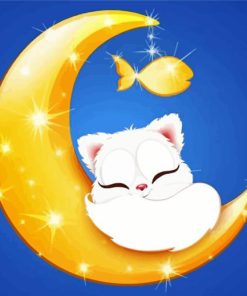 Cartoon White Cat On Moon Painting By Numbers