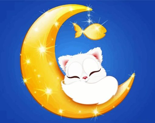 Cartoon White Cat On Moon Painting By Numbers