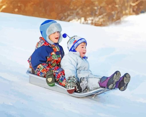 Children Sledding Painting By Numbers